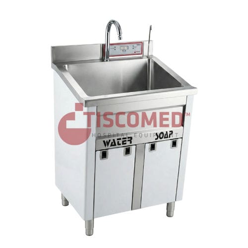 Lavandino chirurgico 1 postazione - TOHS 1100 - Tiscomed - in acciaio inossidabile / azionabile con ginocchio / con dispenser di sapone