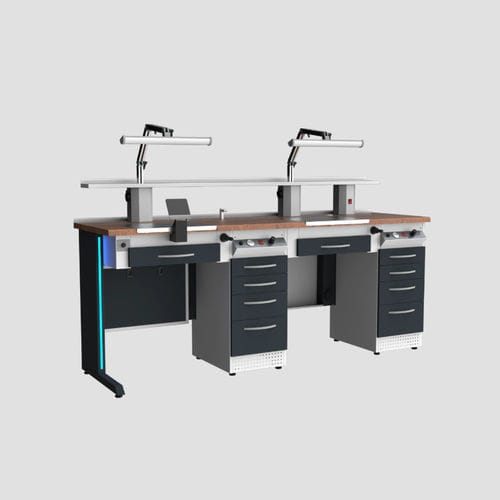 Postazione di lavoro per laboratorio odontotecnico con ripiani - TM4H - A4 Dental - con illuminazione / con cassetti / doppia