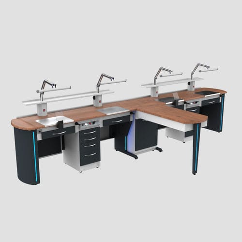 Postazione di lavoro per laboratorio odontotecnico con ripiani - AT - A4 Dental - con illuminazione / con cassetti / modulare