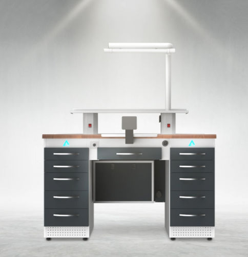 Postazione di lavoro per laboratorio odontotecnico con ripiani - TM2 - A4 Dental - con illuminazione / con cassetti / compatta