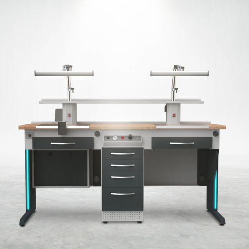 Postazione di lavoro per laboratorio odontotecnico con ripiani - TM3H - A4 Dental - con illuminazione / con cassetti / doppia