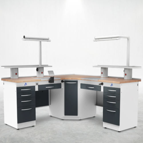 Postazione di lavoro per laboratorio odontotecnico con ripiani - LM2 - A4 Dental - con illuminazione / con cassetti / doppia