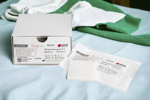 Agente emostatico pad - Surgicoll - MBP - Medical Biomaterial Products - per chirurgia ortopedica / per chirurgia delle piaghe