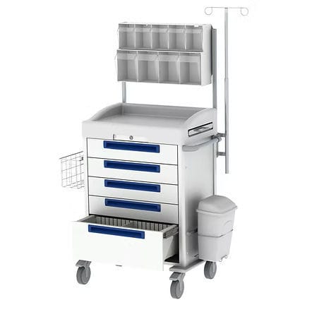 Carrello per farmaci - Viviam Med - con cestello per rifiuti / con asta portaflebo / 5 cassetti