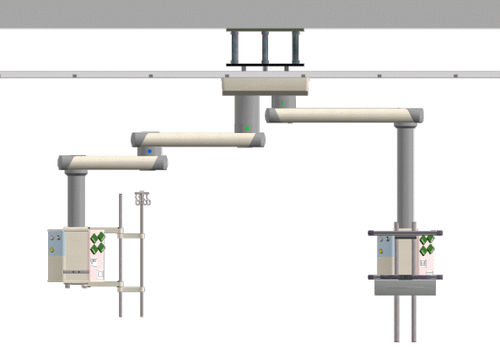 Doppio braccio di distribuzione a soffitto - Basic IC1 - EMALED - per terapia intensiva / articolato / con ripiani