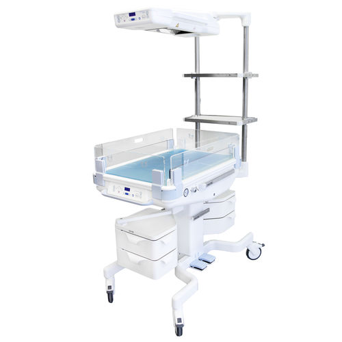 Tavolo di rianimazione neonatale con lampada per fototerapia - Lifetherm 2002 - Löwenstein Medical - su rotelle