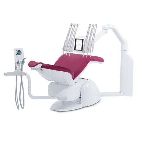 Riunito odontoiatrico con poltrona elettrica - PACIFIC-ambidetre - Airel-Quetin - ambidestro / con portastrumenti / rosso