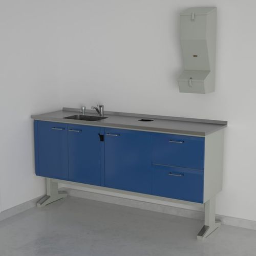 Postazione di lavoro per laboratorio odontotecnico con lavandino - D(5)+6(29X40)DX+14+10+1, E59  - ERIO - con ripiani / con cassetti / in acciaio inossidabile