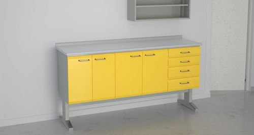 Postazione di lavoro per laboratorio odontotecnico con ripiani - 8+9+2,E57 - ERIO - con cassetti / in acciaio inossidabile