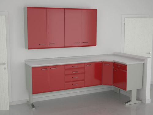 Postazione di lavoro per laboratorio odontotecnico con ripiani - 9+2+7+13+19, 2 E57/P - ERIO - con cassetti / in acciaio inossidabile