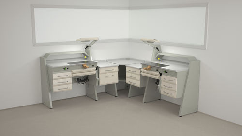 Postazione di lavoro per laboratorio odontotecnico con ripiani - SOLE1/I+SOBF+SOFT+SOANG+SOFT+SOB3+SOLE1 - ERIO - con illuminazione / con cassetti / compatta