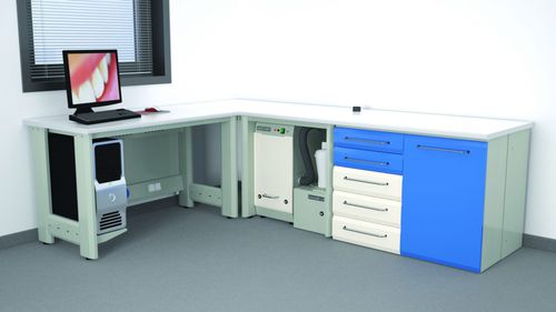 Tavolo di procedura per laboratorio odontotecnico - T/125+CORNER+T/80+W22+W7, AS/CAM1+CICLONE - ERIO - con cassetti / con porta / modulare