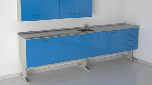 Postazione di lavoro per laboratorio odontotecnico con lavandino - 9+19+4(29X34)+9+2, E57/P - ERIO - con ripiani / con cassetti / in acciaio inossidabile