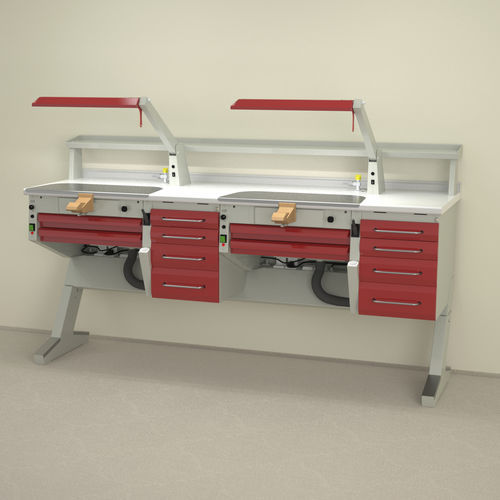 Postazione di lavoro per laboratorio odontotecnico con ripiani - PL/AR+C4+PL/AR+C4 - ERIO - con illuminazione / con cassetti / doppia
