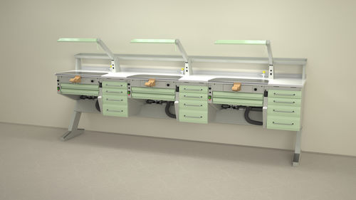 Postazione di lavoro per laboratorio odontotecnico con ripiani - PL/AR+C4+PL/AR+C4+PL/AR+C4 - ERIO - con illuminazione / con cassetti