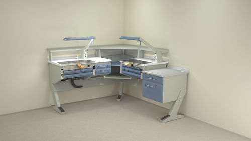 Postazione di lavoro per laboratorio odontotecnico con ripiani - PL/AR+C2+ANG+PL+BF/C - ERIO - con illuminazione / con cassetti / doppia