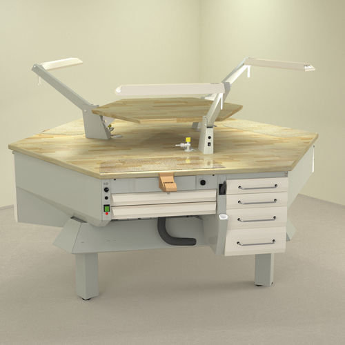 Postazione di lavoro per laboratorio odontotecnico con ripiani - PL/AR+C4 - ERIO - con illuminazione / con cassetti / ad isola
