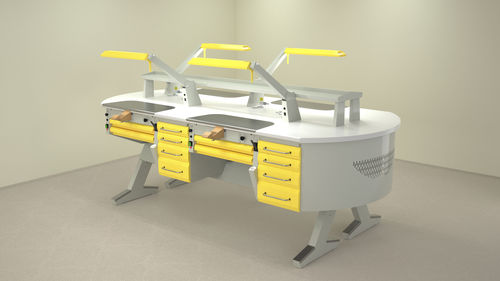 Postazione di lavoro per laboratorio odontotecnico con ripiani - L(31)+PL/AR+C4+PL/AR+C4+L(31)  - ERIO - con illuminazione / con cassetti / ad isola