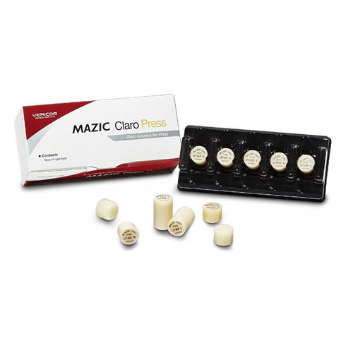 Materiale odontoiatrico in ceramica di vetro - MAZIC Claro Press - VERICOM Co., Ltd.   - in disilicato di litio / per faccette dentali / per inlay