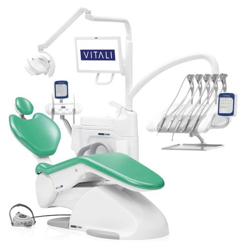 Riunito odontoiatrico con poggiatesta flessibile - T5 EVO PLUS 4.0 - VITALI S.R.L.   - con monitor / con sistema di igiene / con portastrumenti