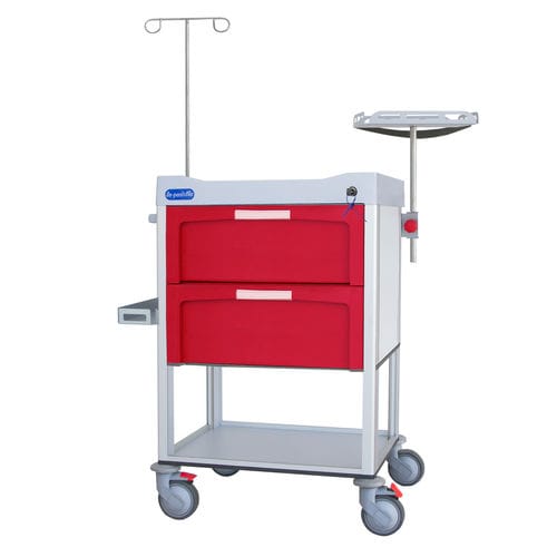 Carrello di emergenza - F-DNOV-K1 - Behmpat Producciones S.L - con asta portaflebo / con portadefibrillatore / 2 cassetti