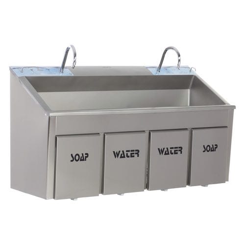 Lavandino chirurgico 2 postazioni - MEY 1021 - MIXTA - in acciaio inossidabile / azionabile con ginocchio / con dispenser di sapone