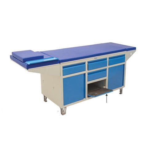 Lettino da visita manuale - 92X4 - Shree Hospital Equipments - con scomparti / a 2 sezioni / blu