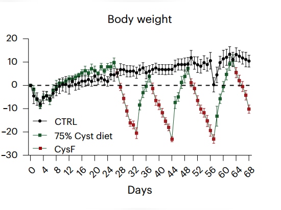 Fig. 1. J che mostra topi Cth-/- alimentati con dieta di controllo (nera) o, in alternativa, con il 75% di cisteina (linea verde) e dieta priva di cisteina (linea verde con punti rossi).