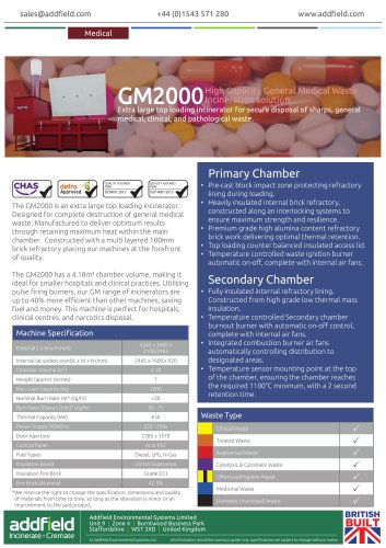 Addfield GM2000 Medical Waste Incinerator Datasheet