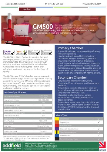 Addfield GM500 Medical Waste Incinerator Datasheet