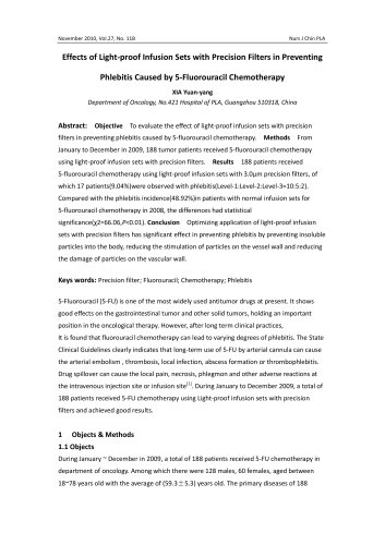 Effects of Light-proof Infusion Sets Using Precision Filter in Preventing Phlebitis Caused by Fluorouracil Chemotherapy