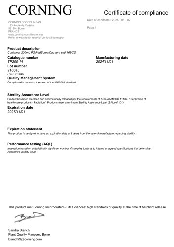 Quality Certificate - Lot No.910645