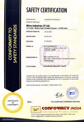 RF Tube Sealer - Safety Certificate