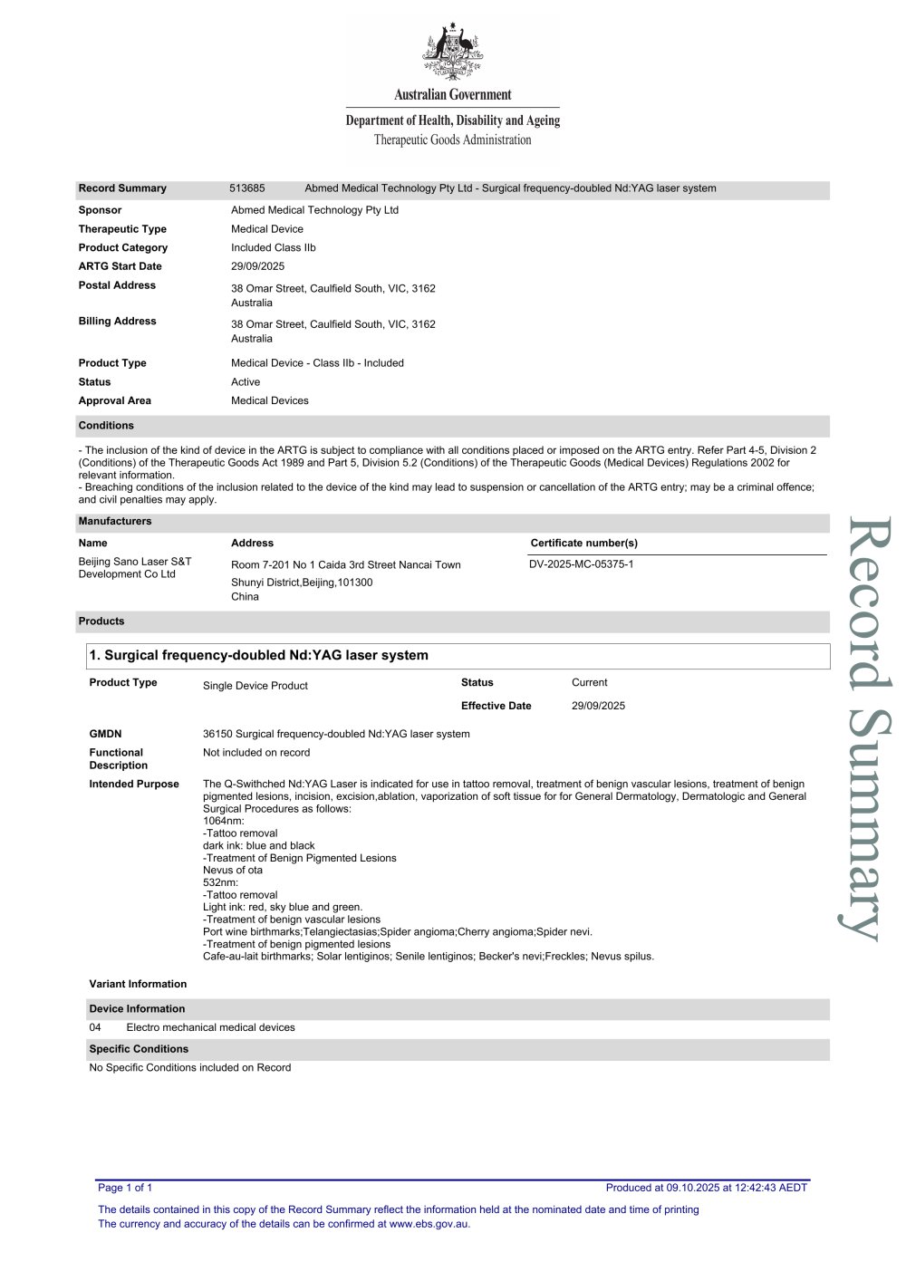TGA Certificate - Beijing Sanhe Beauty