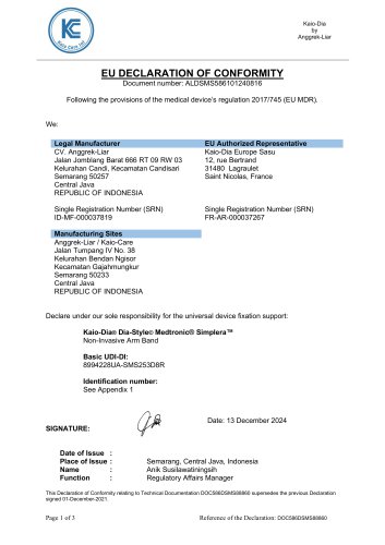 D&eacute;claration de conformit&eacute; UE pour Dia-Style Medtronic Simplera