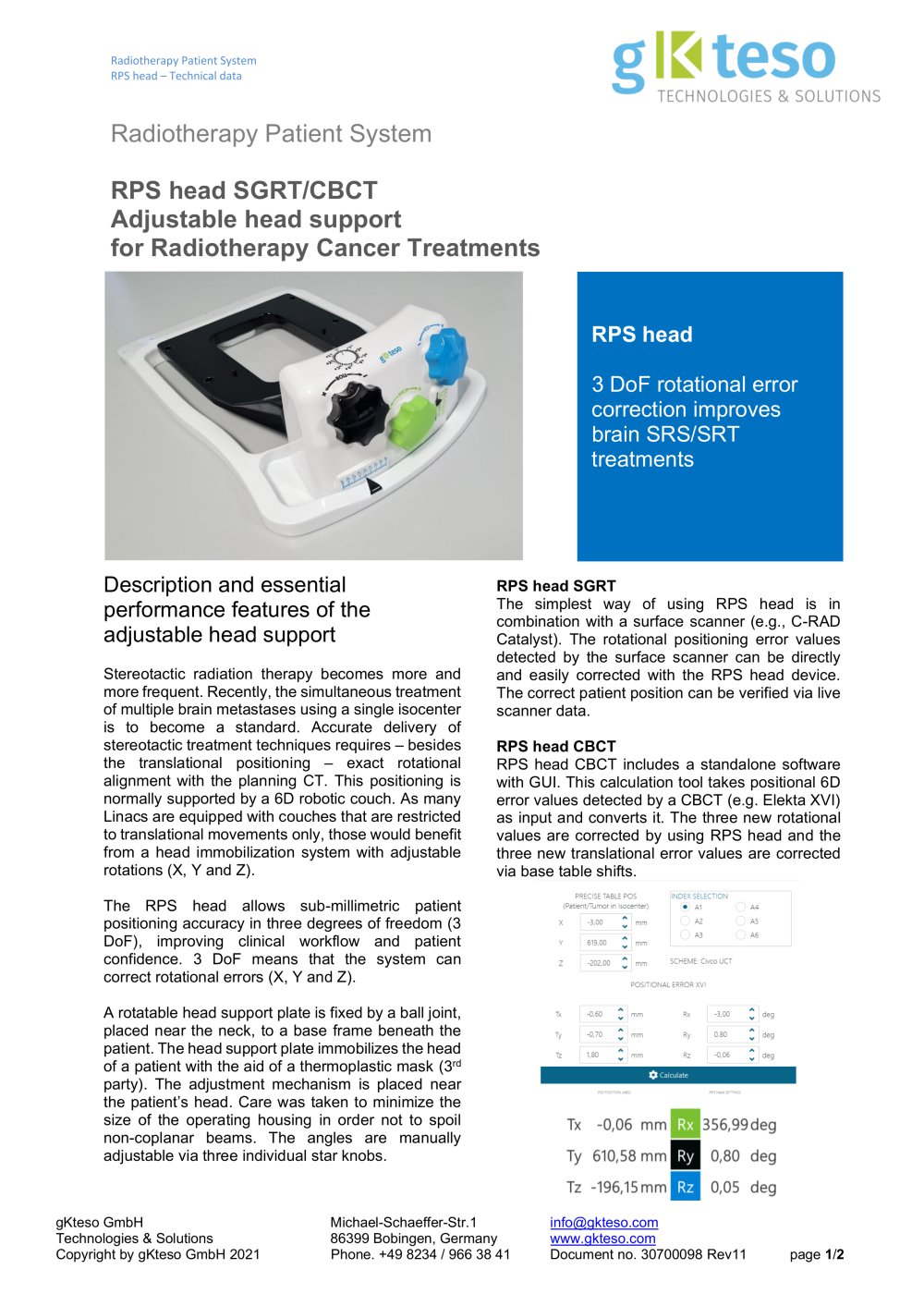 RPS head SGRT/CBCT Adjustable head support   for Radiotherapy Cancer Treatments  - gKteso GmbH