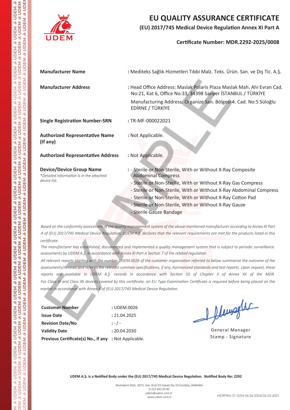 EU QUALITY ASSURANCE CERTIFICATE - Mediteks A.Ş.