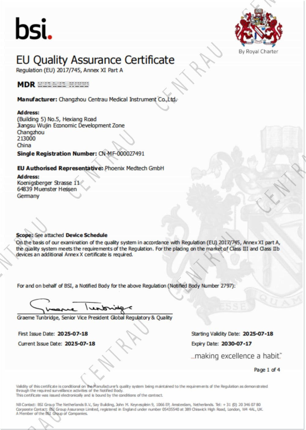 EU Quality Assurance Certificate - Centrau Medical Instrument