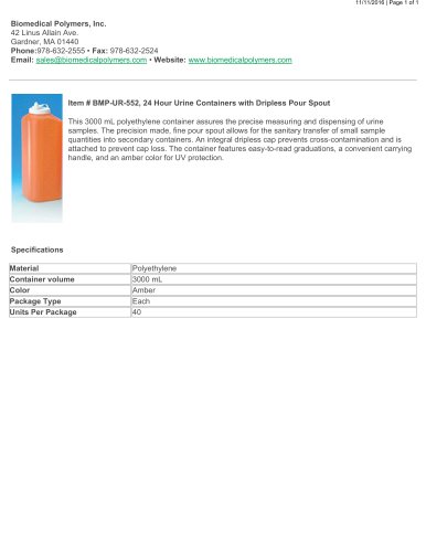 BMP-UR-552, 24 Hour Urine Containers with Dripless Pour Spout