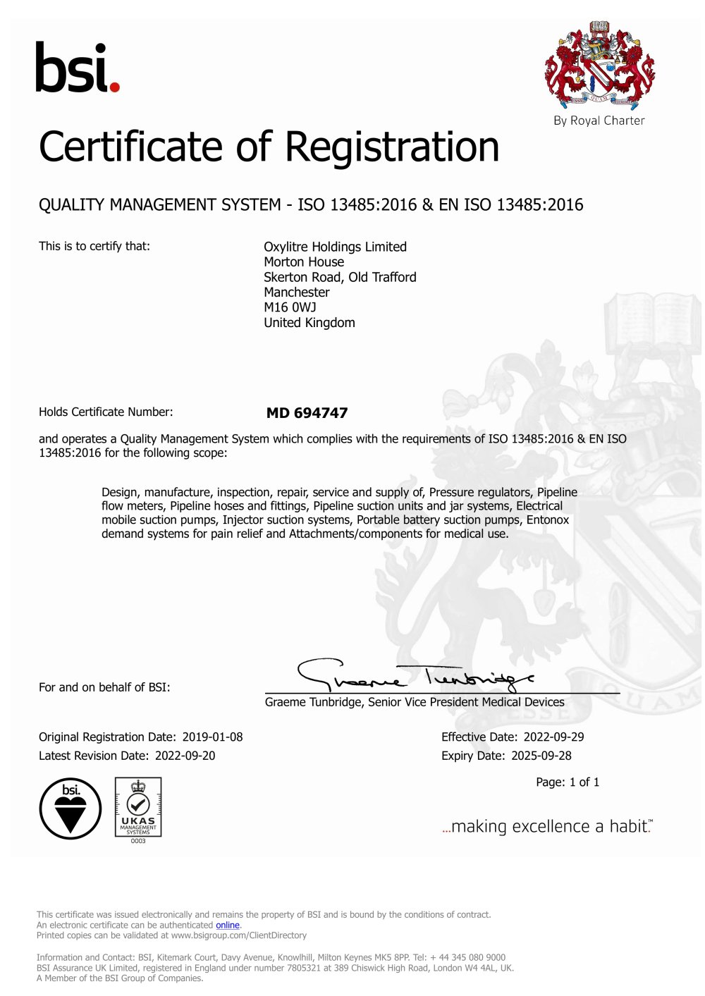 Quality Managment System - ISO 13485:2016 & EN ISO 13485:2016 - Oxylitre Ltd.