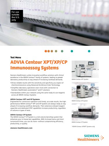 Test Menu ADVIA Centaur XPT/XP/CP Immunoassay Systems